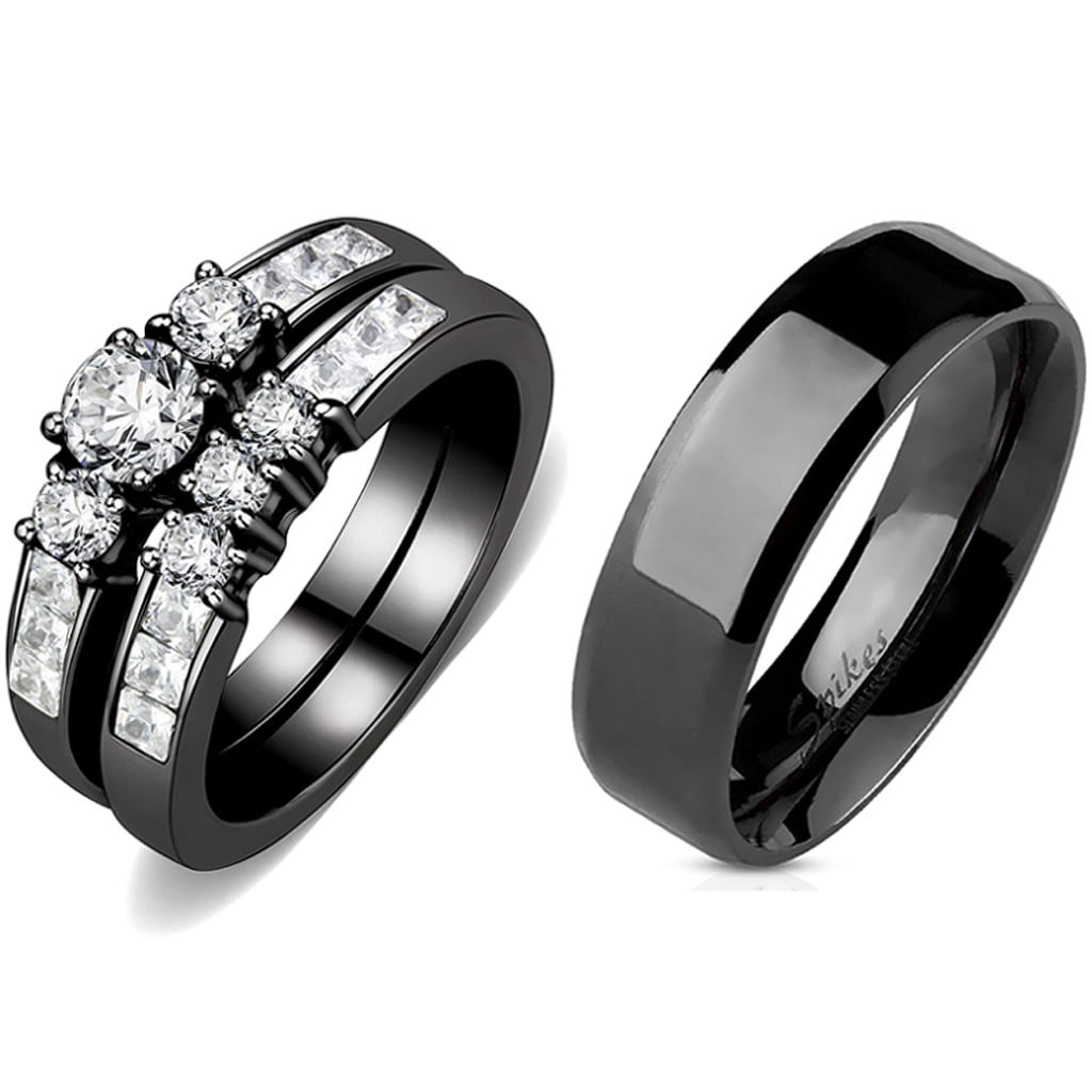 ringheart 2 Black Rings His and Hers Ring Couple Rings Marquise Cut Cz  Womens Wedding Ring Sets Titanium Steel Mens Wedding Bands | Amazon.com