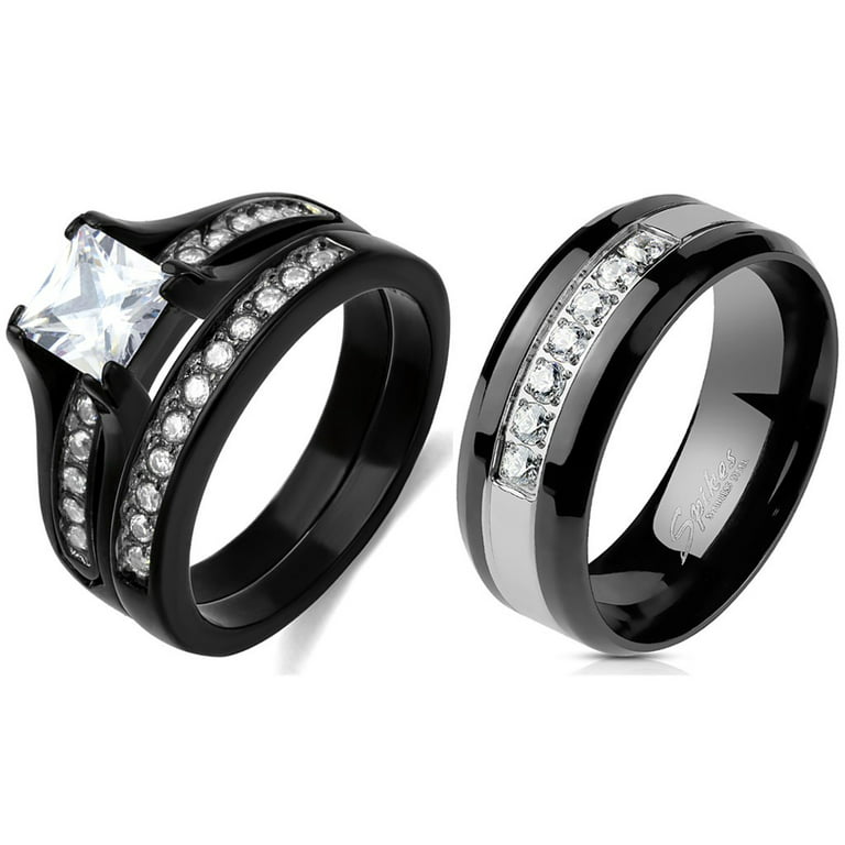 Simple Stainless Steel Band Rings for Women Men, Cool Silver Men's Ring Pack, Plain Black Wedding Pormise Band Ring Set