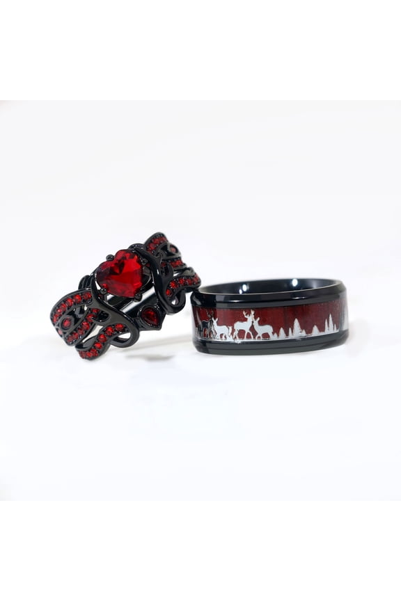 Couple Rings Antlers Design Black Matching Ring 1CT Heart AAA Red CZ Women Wedding Ring Sets for Him and Her Rings