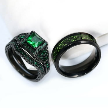 Couple Rings Black and Green Ring Square 1CT Cz Womens Wedding Ring Sets Titanium Steel Mens Wedding Bands