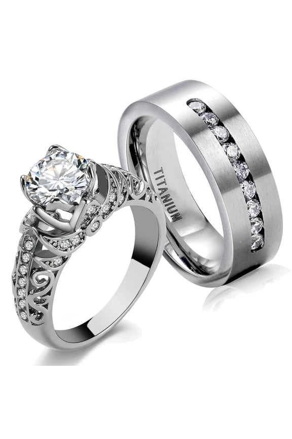 Couple Rings Matching Rings 1CT CZ 10KT White Gold Plated Women's Wedding Ring