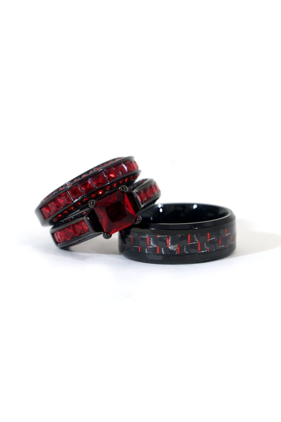 Couple Rings Matching Rings Black Gold Plated 1.5CT Red AAA CZ Women Wedding Ring Sets for Him and Her Rings Men Wedding Band
