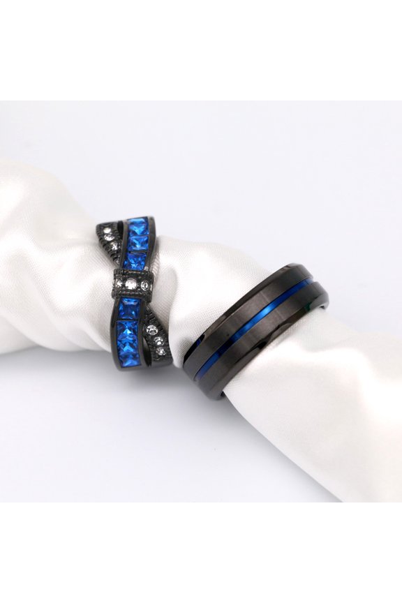 Couple Rings Matching Rings Black Gold Plated 1CT Blue AAA CZ Women Wedding Ring Sets for Him and Her Rings Men Wedding Band