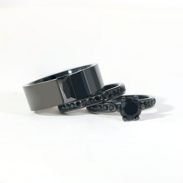 Couple Rings Matching Rings Black Gold Plated 1CT Round AAA CZ Women Wedding Ring Sets for Him and Her Rings Men Wedding Band