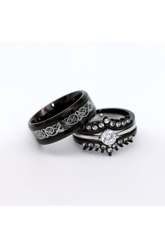 Couple Rings Matching Rings Black Gold Plated 1CT Round AAA CZ Women Wedding Ring Sets for Him and Her Rings Men Wedding Band