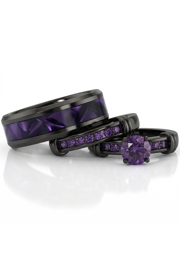 Couple Rings Black Gold Plated 1CT Round AAA Purple CZ Women Wedding Ring Sets for Him and Her Rings Men Wedding Band