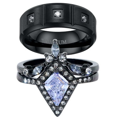 Couple Rings Matching Rings Black Plated 1.5CT AAA CZ 2pcs Women Wedding Ring Sets for Him and Her Rings Men Band