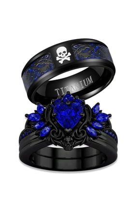 Couple Rings Matching Rings Black Wings Skull Ring 1.5ct Blue CZ Womens Wedding Ring Sets Punk Ring