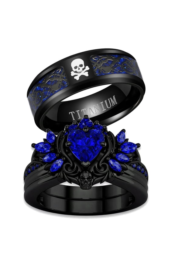 Couple Rings Matching Rings Black Wings Skull Ring 1.5ct Blue CZ Womens Wedding Ring Sets Punk Ring
