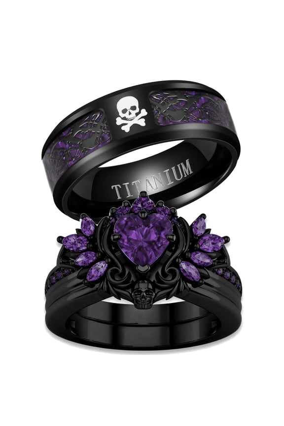 Couple Rings Matching Rings Black Wings Skull Ring 1.5ct Purple CZ Womens Wedding Ring Sets Punk Ring