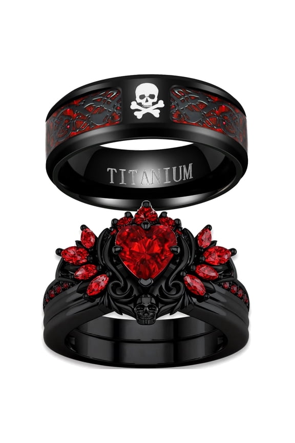 Couple Rings Matching Rings Black Wings Skull Ring 1.5ct Red CZ Womens Wedding Ring Sets Punk Ring