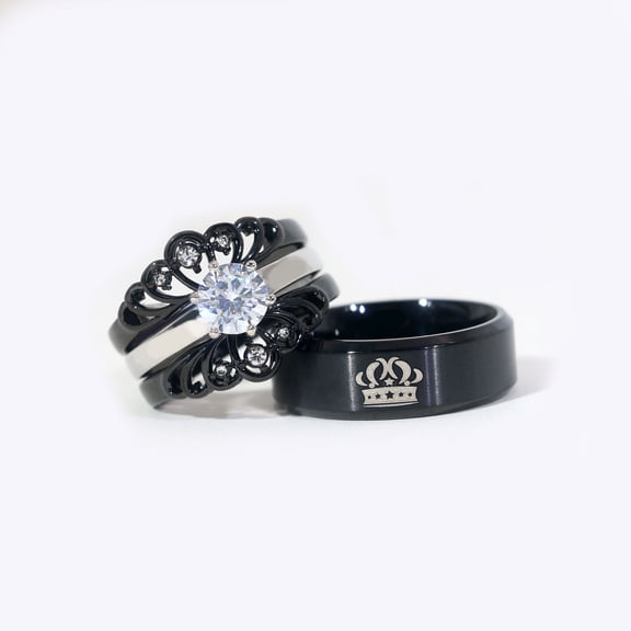 Couple Rings Matching Rings Crown Ring Black Gold Plated 1.5CT Round AAA CZ Women Wedding Ring Sets for Him and Her Rings Men Band