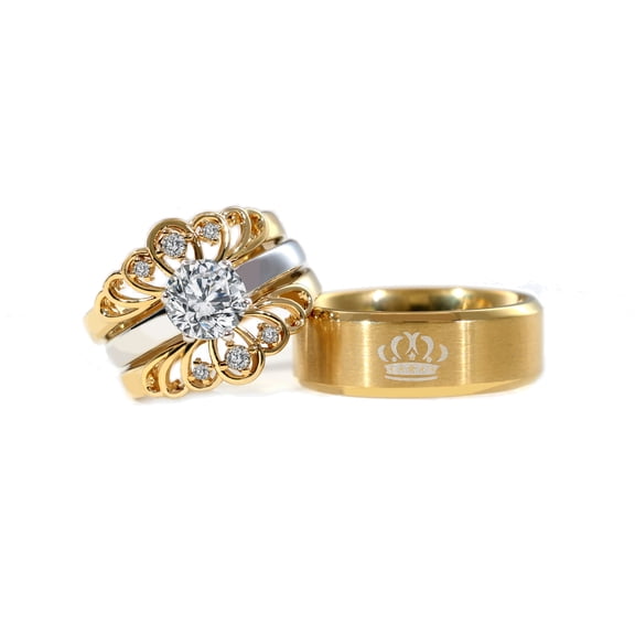 Couple Rings Matching Rings Crown Ring Yellow Gold Plated 1.5CT Round AAA CZ Women Wedding Ring Sets for Him and Her Rings Men Band