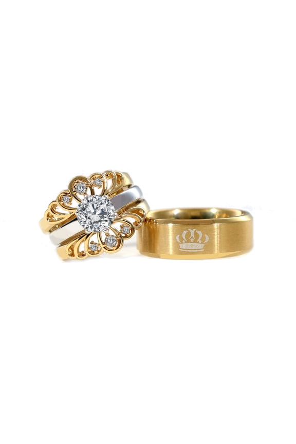 Couple Rings Matching Rings Crown Ring Yellow Gold Plated 1.5CT Round AAA CZ Women Wedding Ring Sets for Him and Her Rings Men Band