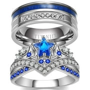 Couple Rings Matching Rings His Her Ring Stars and Moon Princess Ring Blue CZ Women's Wedding Ring