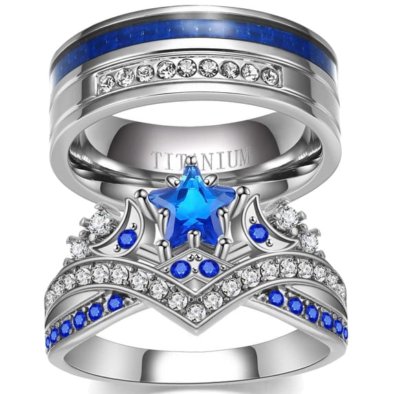 Couple Rings Matching Rings His Her Ring Stars and Moon Princess Ring Blue CZ Women's Wedding Ring