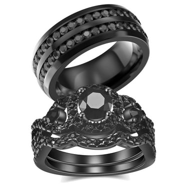 Couple Rings Matching Rings Three Stone Black Gold Plated 1CT CZ Women Wedding Ring Sets for Him and Her Rings Men Wedding Band