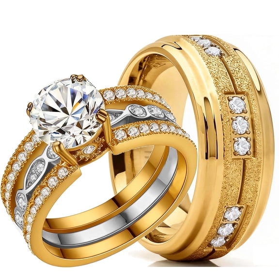Couple Rings Matching Rings Yellow Gold Plated 1.5CT AAA CZ 2pcs Women Wedding Ring Sets for Him and Her Rings Men Band
