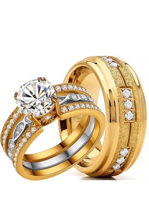 Couple Rings Matching Rings Yellow Gold Plated 1.5CT AAA CZ 2pcs Women Wedding Ring Sets for Him and Her Rings Men Band