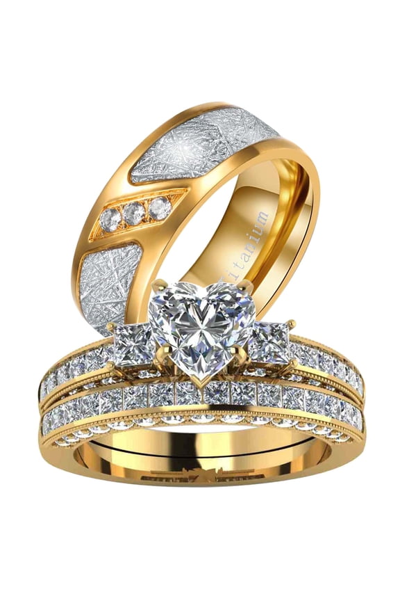 Couple Rings Matching Rings Yellow Gold Plated 1.5CT Heart AAA CZ 2pcs Women Wedding Ring Sets for Him and Her Rings Men Band