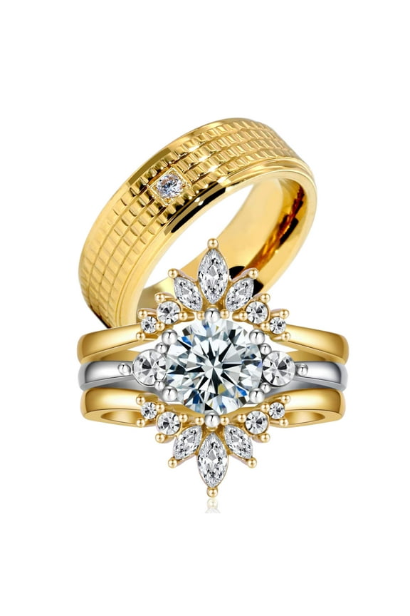 Couple Rings Matching Rings Yellow Gold Plated 1.5CT AAA CZ 3pcs Women Wedding Ring Sets for Him and Her Rings Men Band