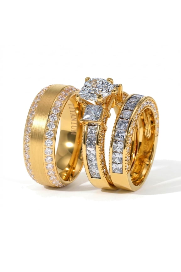 Couple Rings Yellow Gold Plated 1.5CT Heart AAA CZ Women Wedding Ring Sets for Him and Her Rings Men Band