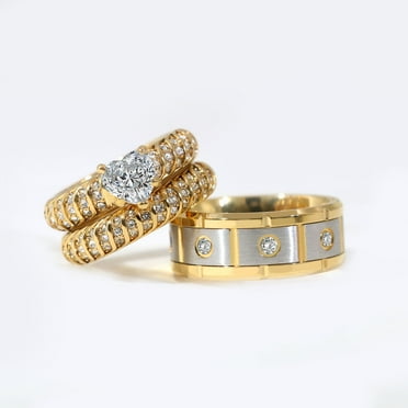 Couple Rings Matching Rings Yellow Gold Plated 1.5CT Heart AAA CZ Women Wedding Ring Sets for Him and Her Rings Men Titanium Wedding Band