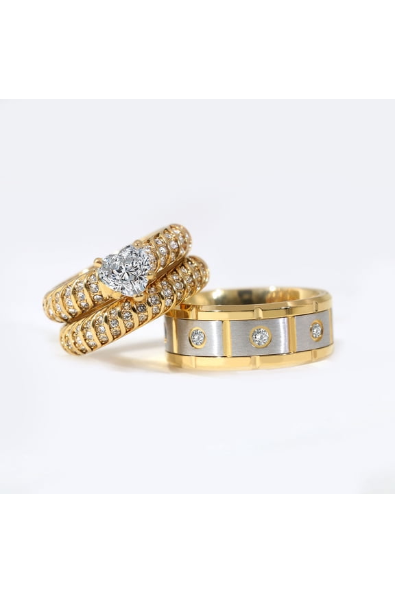 Couple Rings Matching Rings Yellow Gold Plated 1.5CT Heart AAA CZ Women Wedding Ring Sets for Him and Her Rings Men Titanium Wedding Band