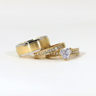 Couple Rings Matching Rings Yellow Gold Plated 1.5CT Heart AAA CZ Women Wedding Ring Sets for Him and Her Rings Men Tungsten Wedding Band