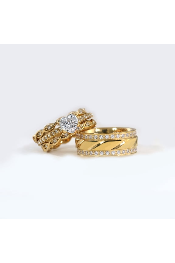 Couple Rings Matching Rings Yellow Gold Plated 1.5CT Heart AAA CZ Women Wedding Ring Sets for Him and Her Rings Men Wedding Band
