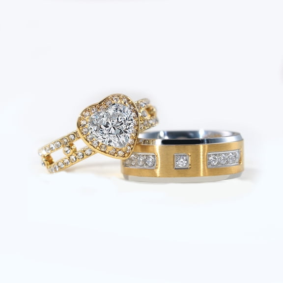 Couple Rings Matching Rings Yellow Gold Plated 1.5CT Heart AAA CZ Women Wedding Ring for Him and Her Rings Men Band