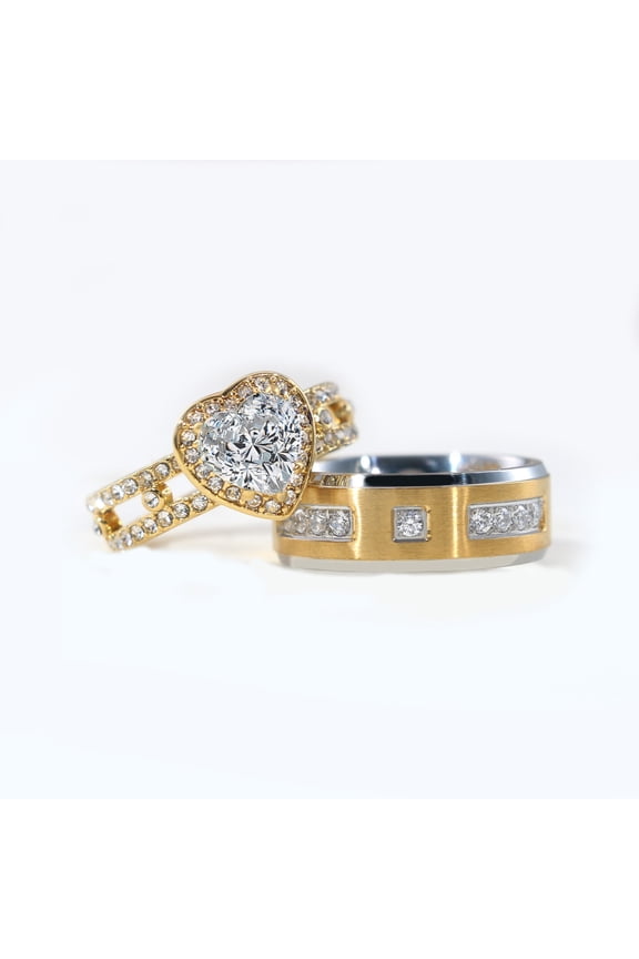 Couple Rings Matching Rings Yellow Gold Plated 1.5CT Heart AAA CZ Women Wedding Ring for Him and Her Rings Men Band