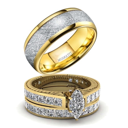 His & Hers Couple Rings Set Gold Plated Wedding Band for Women 1.5CT Marquise Cut 5A Cubic Zirconia Engagement Ring Men's Titanium Steel Band