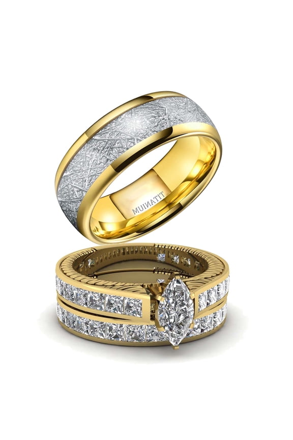 His & Hers Couple Rings Set Gold Plated Wedding Band for Women 1.5CT Marquise Cut 5A Cubic Zirconia Engagement Ring Men's Titanium Steel Band