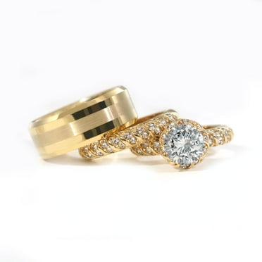 Couple Rings Matching Rings Yellow Gold Plated 1.5CT Round AAA CZ Women Wedding Ring Sets for Him and Her Rings Men Band