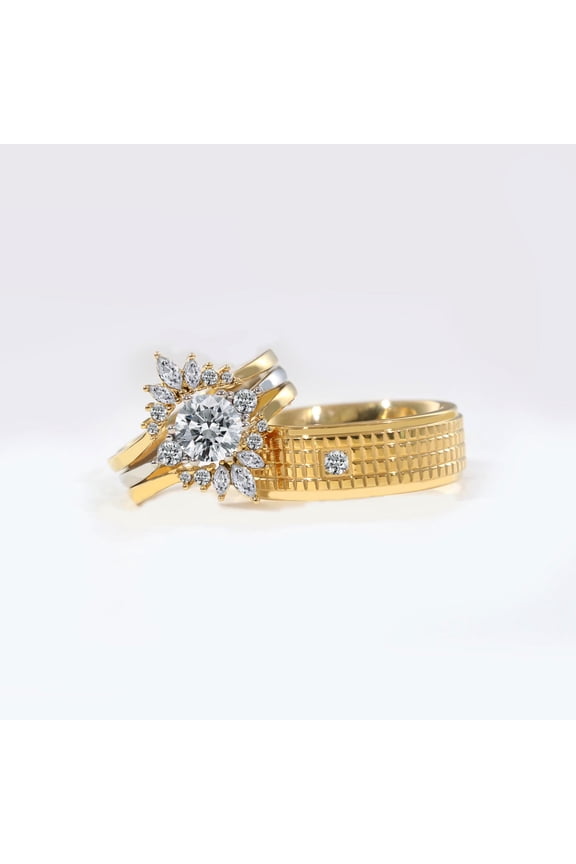 Couple Rings Matching Rings Yellow Gold Plated 1.5CT Round AAA CZ Women Wedding Ring Sets for Him and Her Rings Men Band
