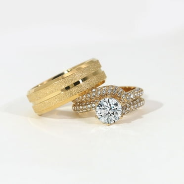 Couple Rings Matching Rings Yellow Gold Plated 1.5CT Round AAA CZ Women Wedding Ring Sets for Him and Her Rings Men Titanium Steel Wedding Band