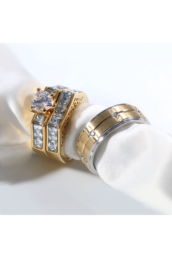 Couple Rings Matching Rings Yellow Gold Plated 1CT Heart AAA CZ Women Wedding Ring Sets for Him and Her Rings Men Band