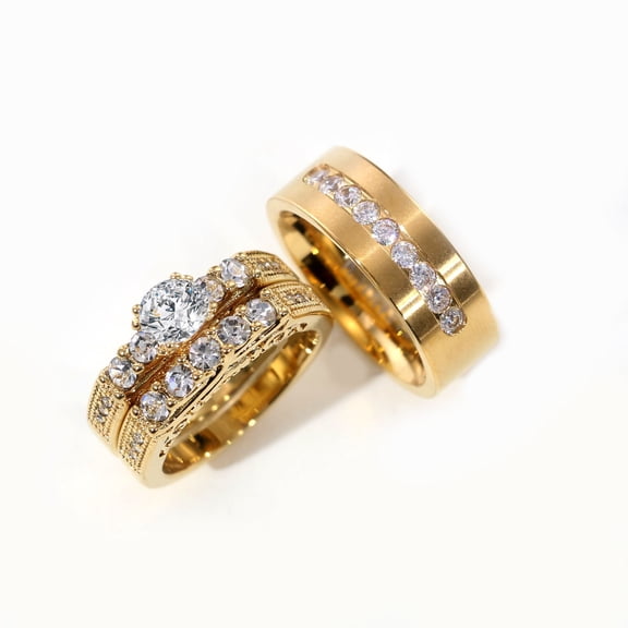 Couple Rings Matching Rings Yellow Gold Plated 1CT Round AAA CZ Three stone Women Wedding Ring Sets for Him and Her Rings Men Band