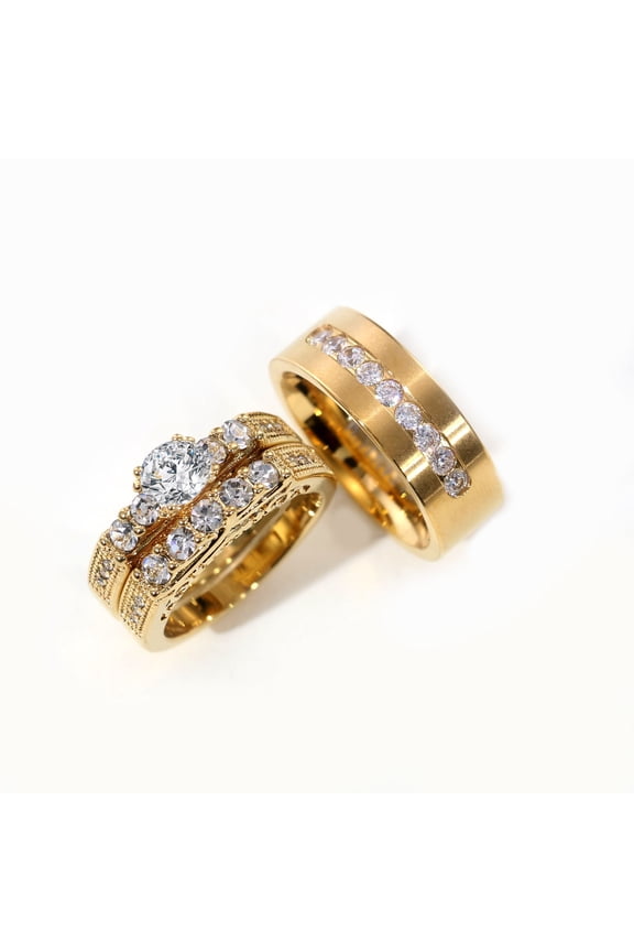 Couple Rings Matching Rings Yellow Gold Plated 1CT Round AAA CZ Three stone Women Wedding Ring Sets for Him and Her Rings Men Band