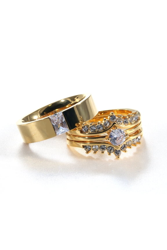Couple Rings Matching Rings Yellow Gold Plated 1CT Round AAA CZ Women Wedding Ring Sets for Him and Her Rings Men Band