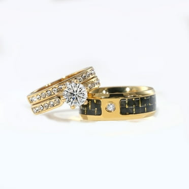 Couple Rings Matching Rings Yellow Gold Plated 1CT Round AAA CZ Women Wedding Ring Sets for Him and Her Rings Men Wedding Band