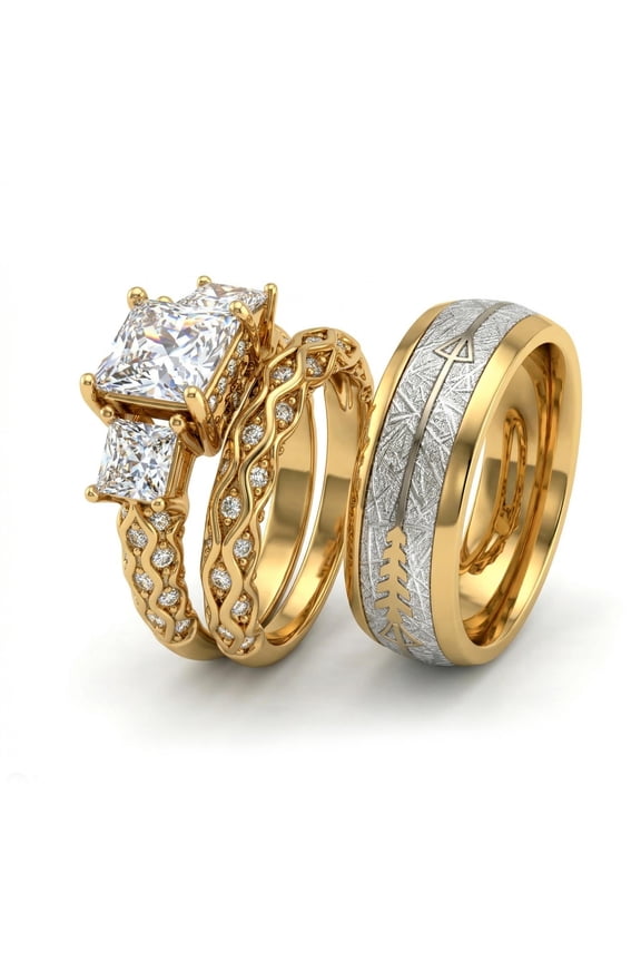 Couple Rings Matching Rings Yellow Gold Plated 2CT AAA CZ Three stone Women Wedding Ring Sets for Him and Her Rings Men Band