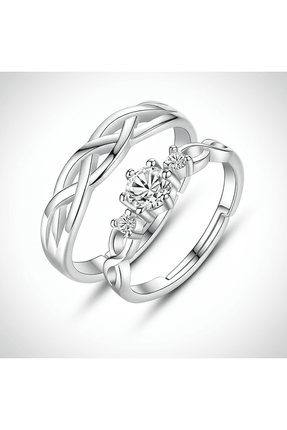 Couple Rings Set Stainless Steel Adjustable Silver Tone Braided Band Rings with Cubic Zirconia Matching Promise Rings Elegant Fashion Jewelry Pack of 2