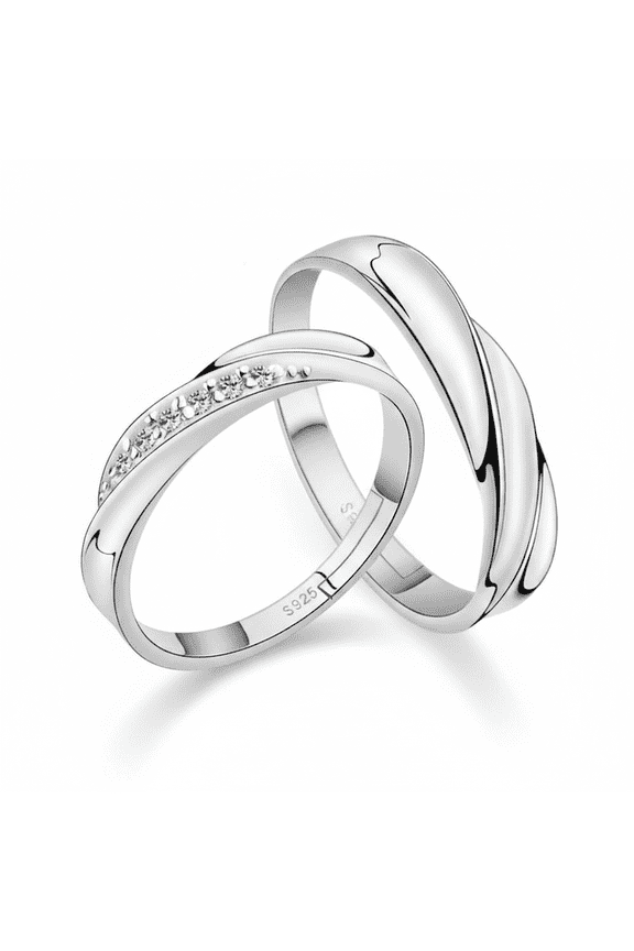 Couple Rings Set Stainless Steel Silver Tone Band Rings with Cubic Zirconia Adjustable Matching Promise Rings Minimalist Engagement Style Fashion Jewelry Pack of 2