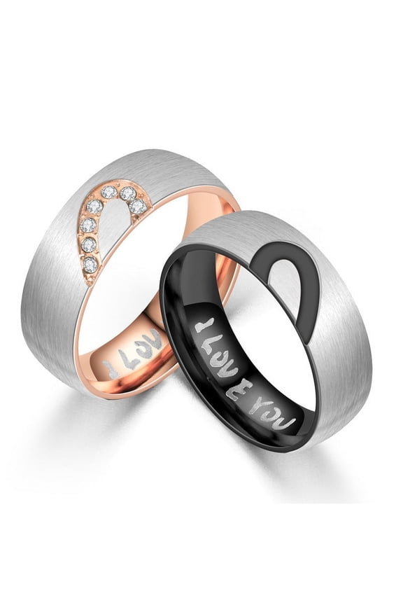 Couple Rings Stainless Steel Heart Shape Matching Promise Rings I Love You Engraved Black Rose Gold