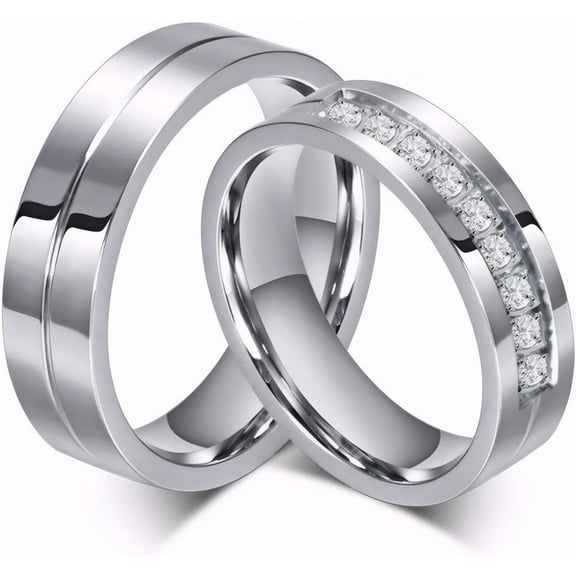 Couple Rings for Him and Her Stainless Steel Matching Promise Rings Princess Cut Cubic Zirconia CZ Bridal Wedding Engagement Bands for Women Men Lovers Bridal Jewelry Comfort Fit, Women