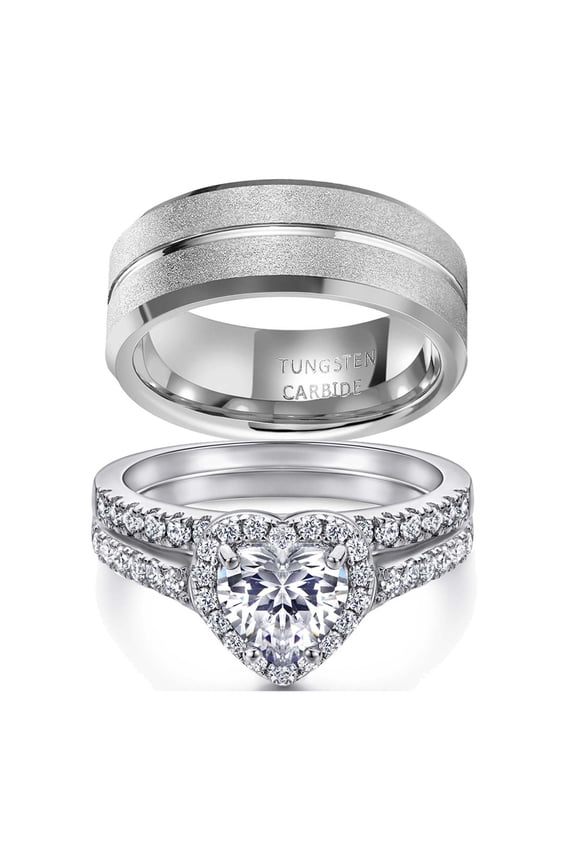 Couple Rings White Gold Plated 925 Sterling Silver Ring 1CT AAAAA Heart CZ Women Wedding Ring Sets Men Tungsten Steel Ring