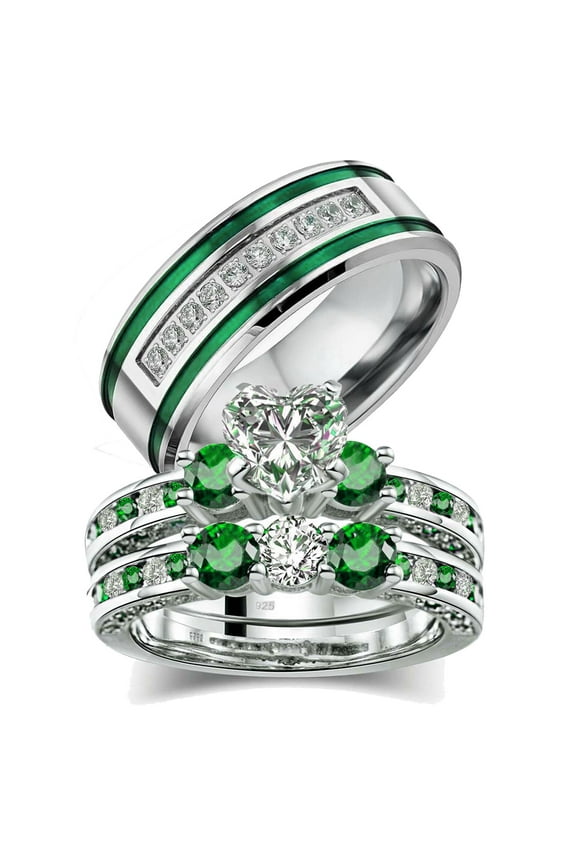 Couple Rings White Gold Plated 925 Sterling Silver Ring Green 1CT Heart CZ Women Wedding Ring Sets Men Titanium Steel Ring