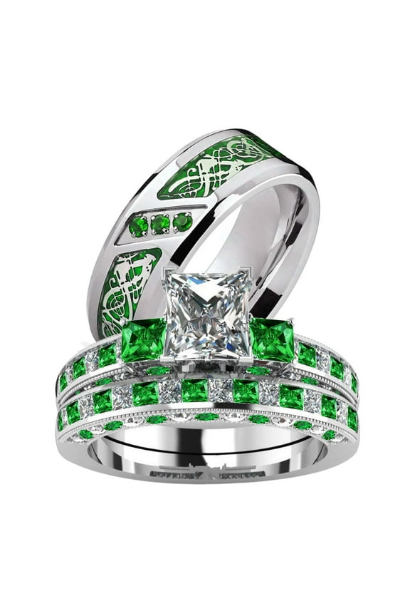 Couple Rings White Gold Plated 925 Sterling Silver Ring Green Square 1.5CT CZ Women Wedding Ring Sets Men Titanium Steel Ring